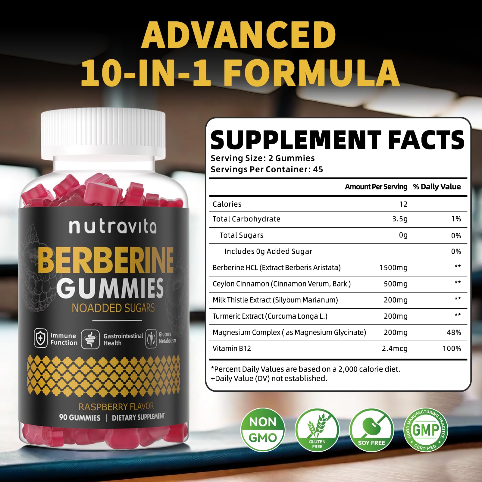 Nutravita Berberine Gummies bottle closeup showing sugar-free formula and vegan ingredients.