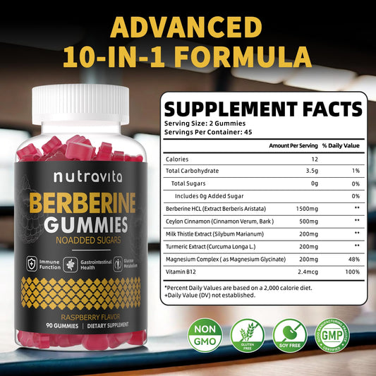 Nutravita Berberine Gummies bottle closeup showing sugar-free formula and vegan ingredients.