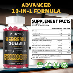 Nutravita Berberine Gummies bottle closeup showing sugar-free formula and vegan ingredients.