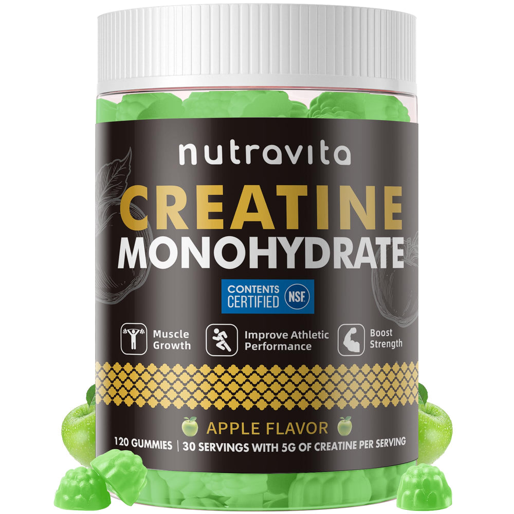 Nutravita creatina monohidrato gomitas, bote frontal, dosis diaria fácil para entrenar