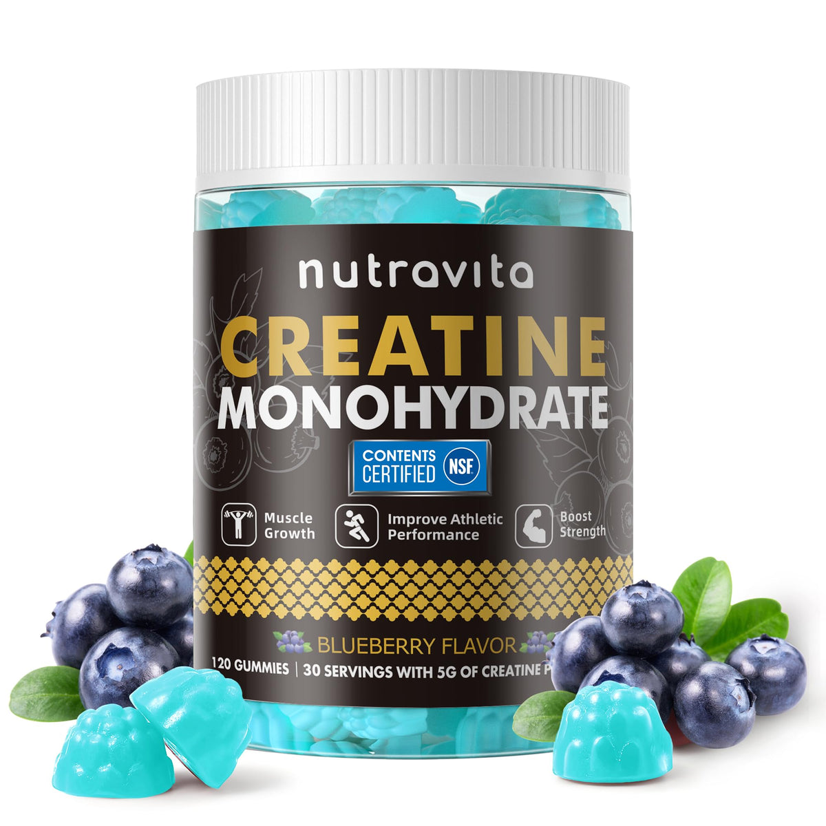 Nutravita Creatine Gummies blueberry bottle for convenient workout support