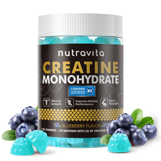 Nutravita Creatine Gummies blueberry bottle for convenient workout support