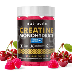Nutravita Creatine Gummy bottle with cherry flavor for daily workouts.