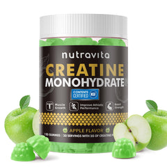 Nutravita Creatine Gummy bottle label shows 5 g per serving and vegan formula.