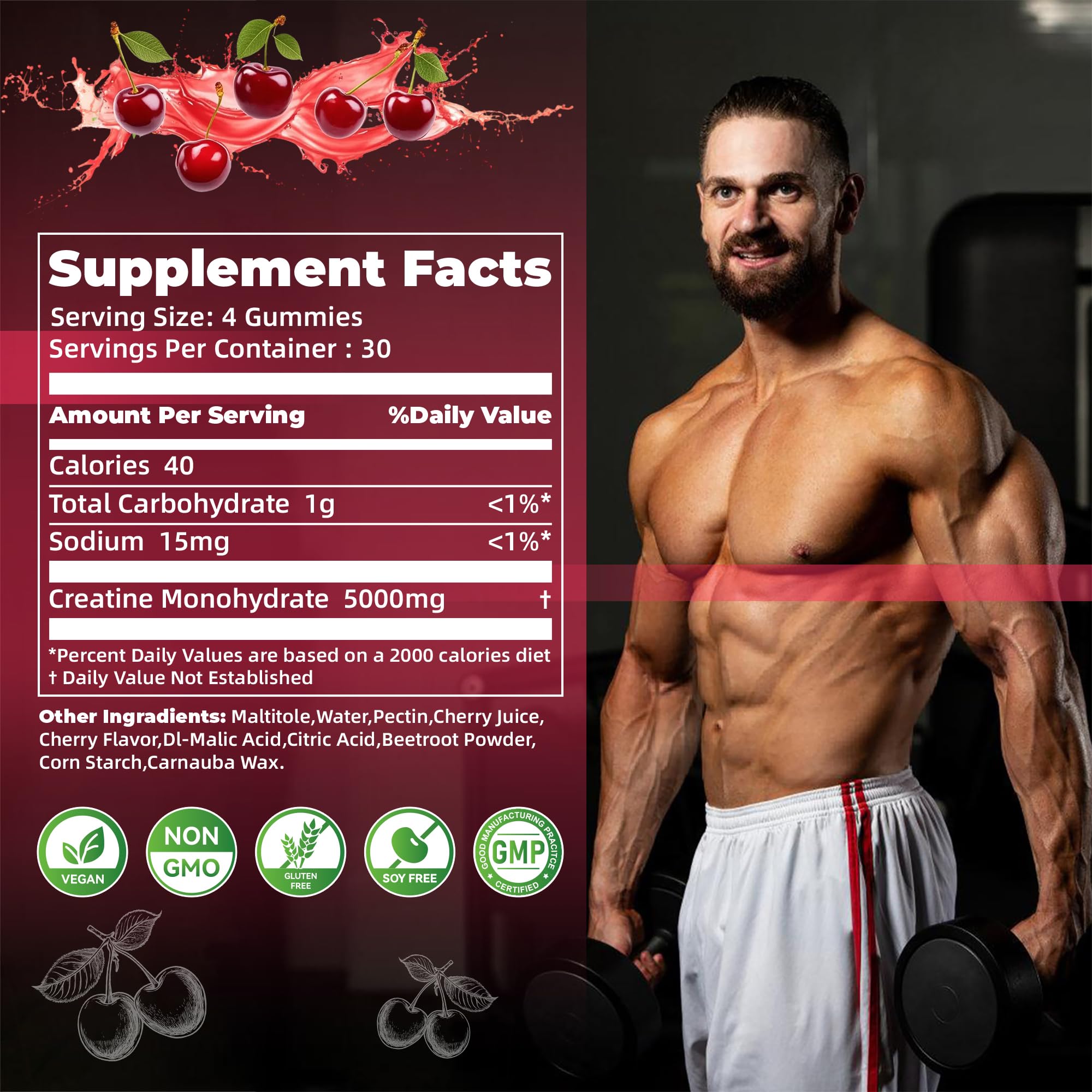 Cherry-flavored gummies on a desk for pre- or post-workout use.