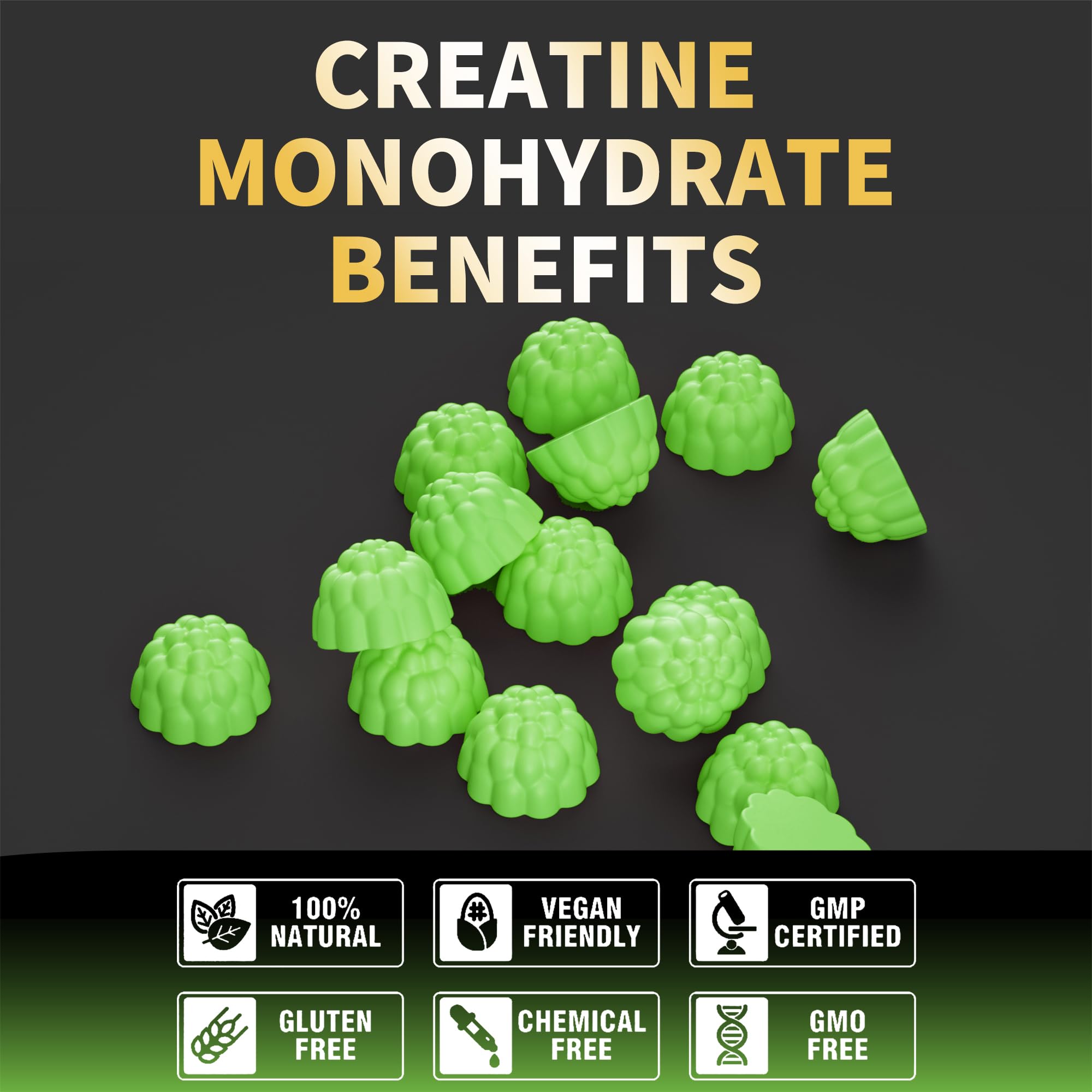 Nutravita Creatine Gummy vegan icons communicate dietary options and purity.