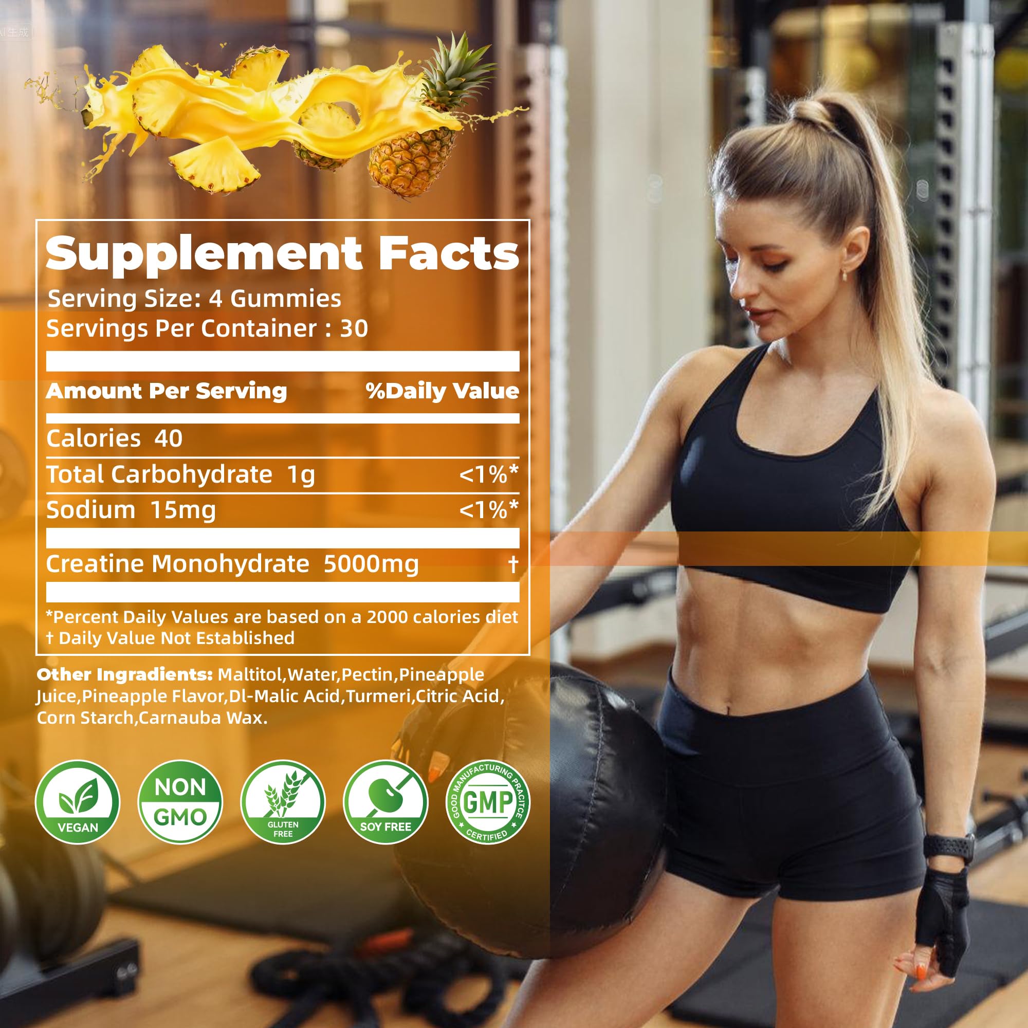 Nutravita Creatine Monohydrate Gummies pineapple label indicating vegan sugar-free formula