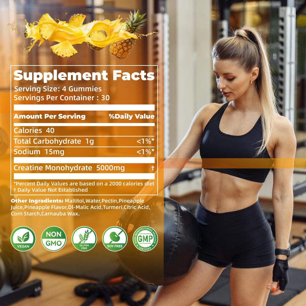 Nutravita Creatine Monohydrate Gummies pineapple label indicating vegan sugar-free formula