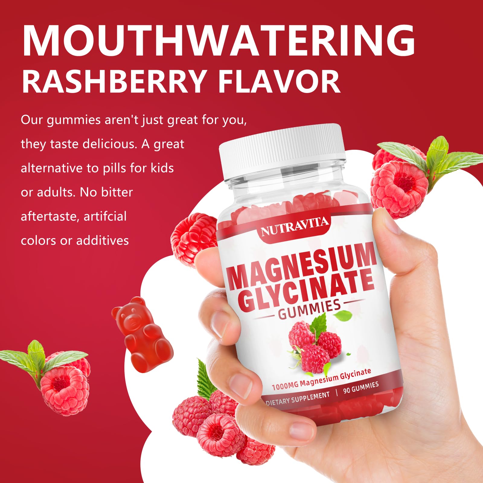Nutravita Gummies closeup showcases soft texture and raspberry flavor.