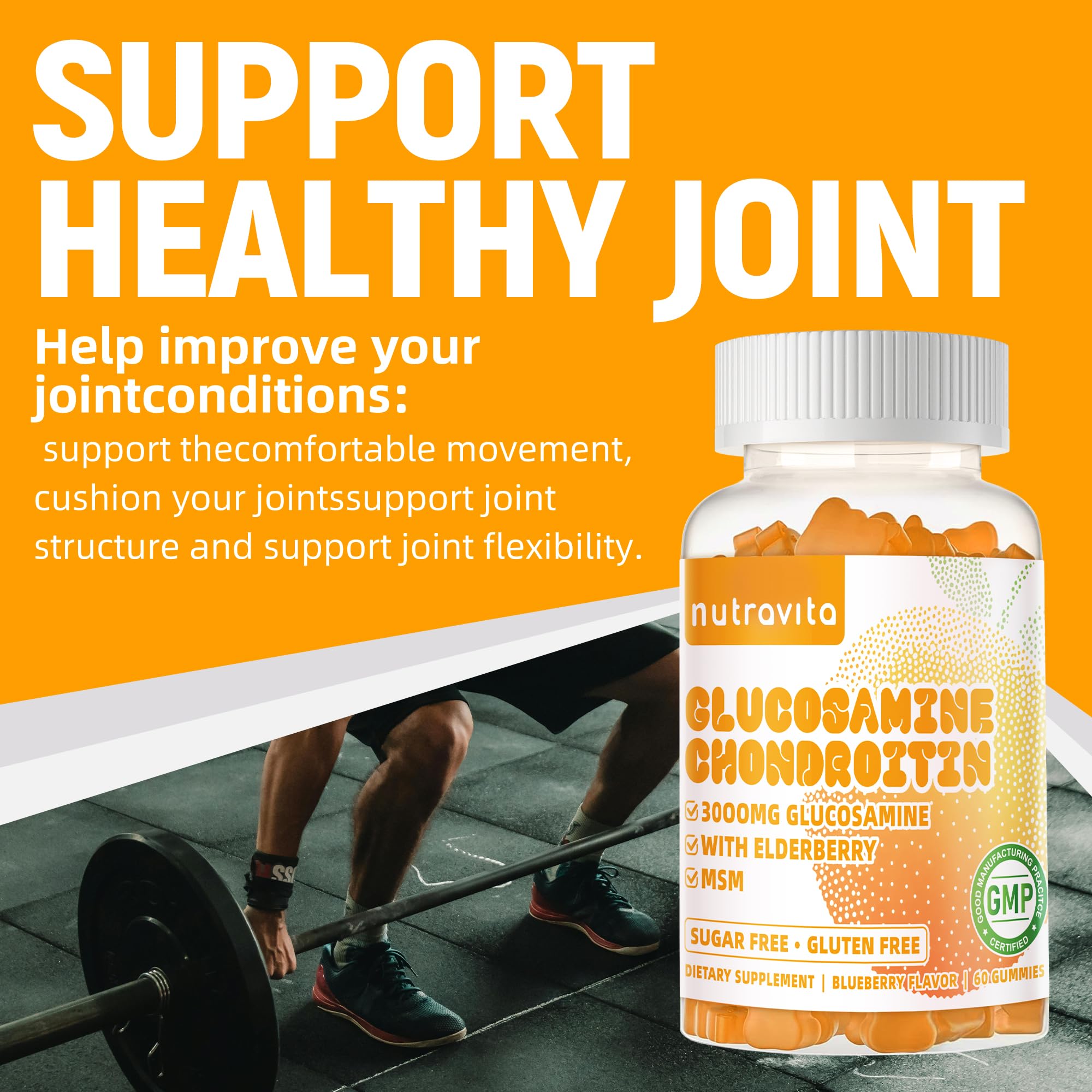 Nutravita glucosamine chondroitin gummies being poured for easy daily dosing