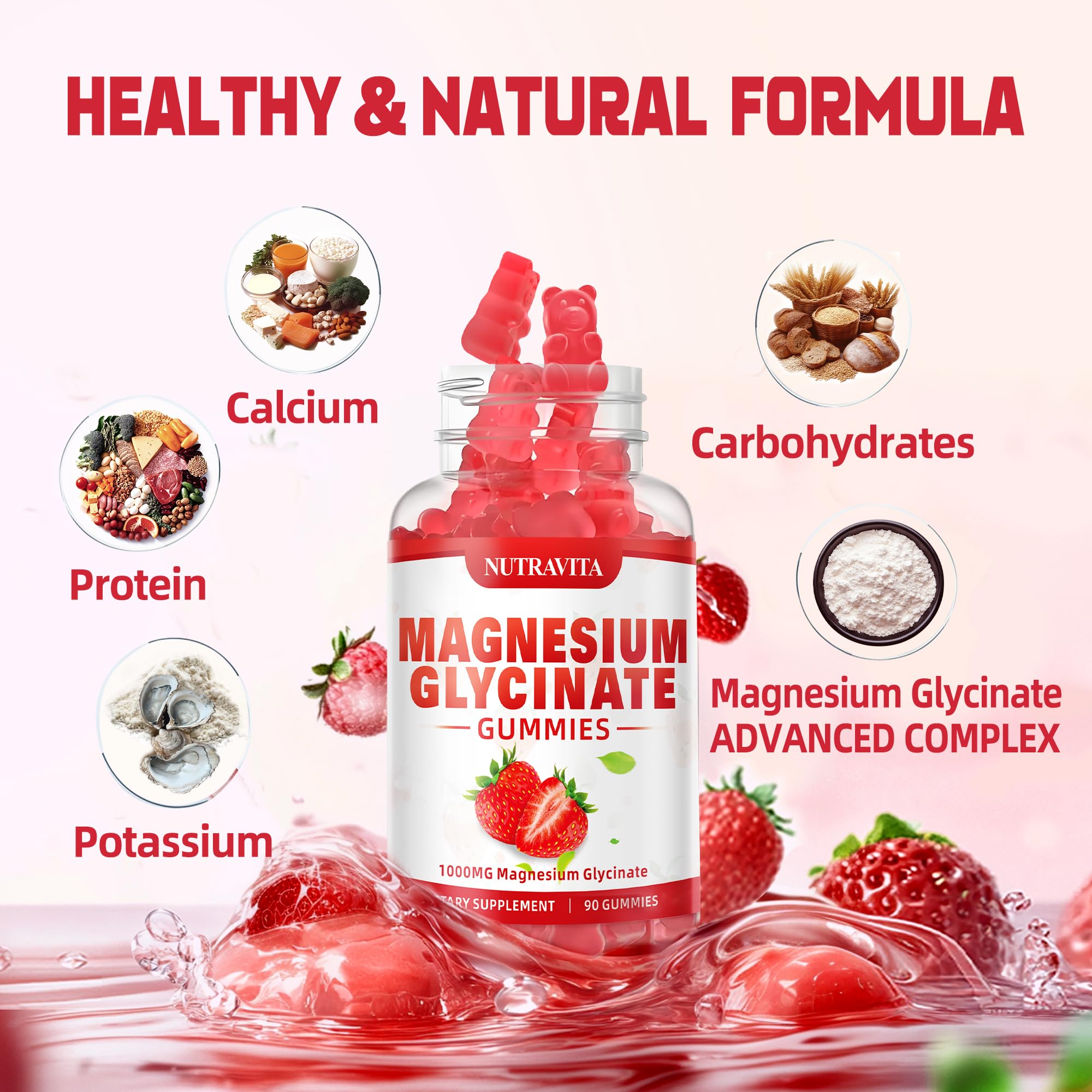 Nutravita Magnesium Glycinate Gummies close-up shows a soft, strawberry chew.