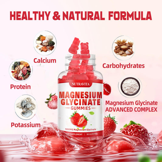 Nutravita Magnesium Glycinate Gummies close-up shows a soft, strawberry chew.