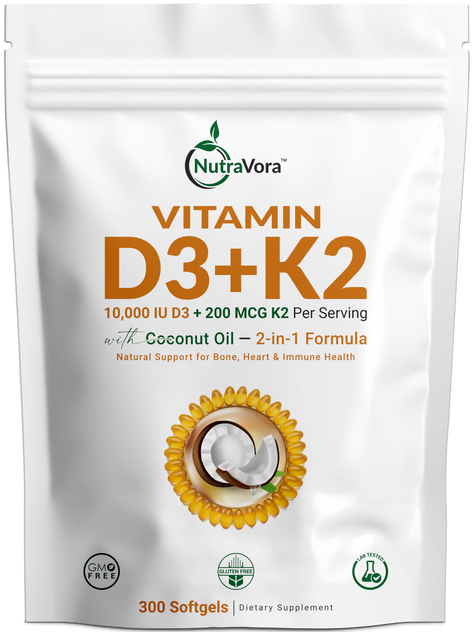 NutraVora Vitamin D3 K2 bottle front view for bone and heart support