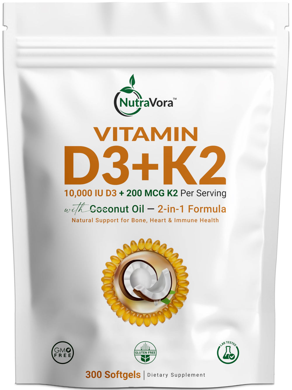 NutraVora Vitamin D3 K2 bottle front view for bone and heart support
