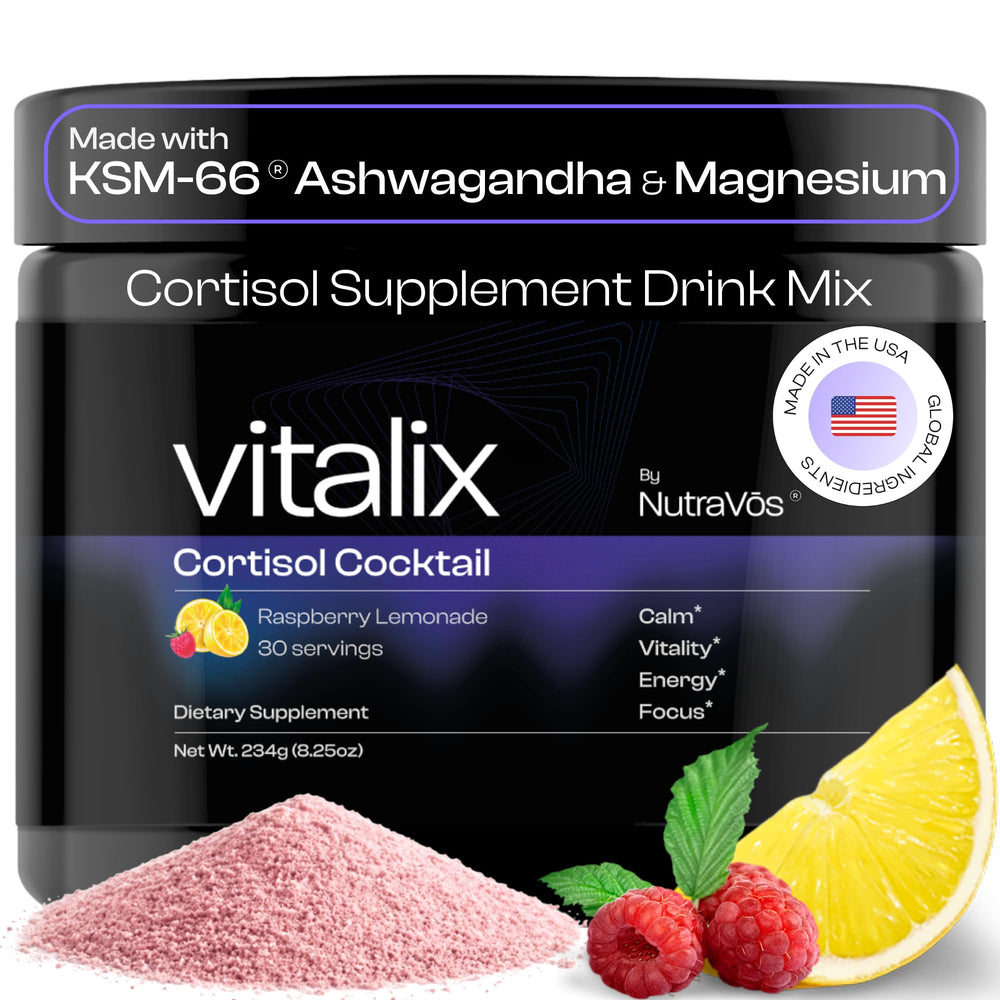 NutraVōs Vitalix bottle with raspberry lemonade for stress balance