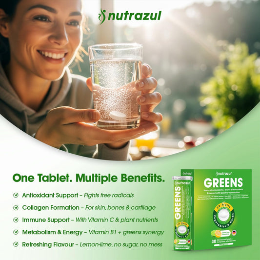 Nutrazul Greens bottle with lemon-lime flavor offering a quick immune-support option.