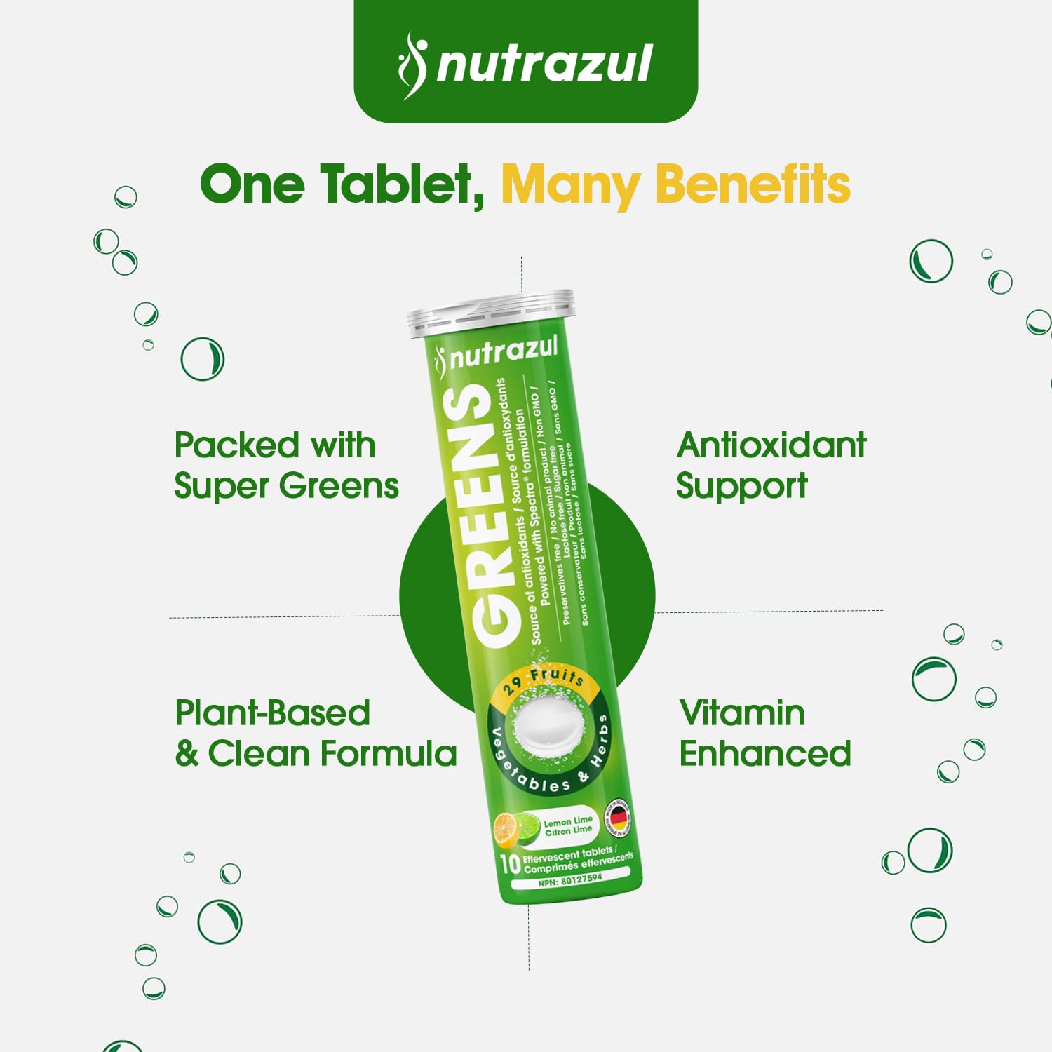 Nutrazul Greens highlighting immune support with vitamin C and B1 for metabolism-friendly use.