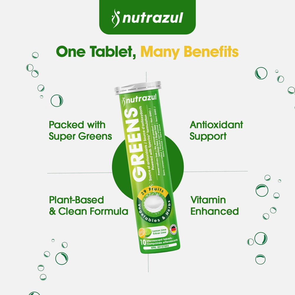 Nutrazul Greens highlighting immune support with vitamin C and B1 for metabolism-friendly use.