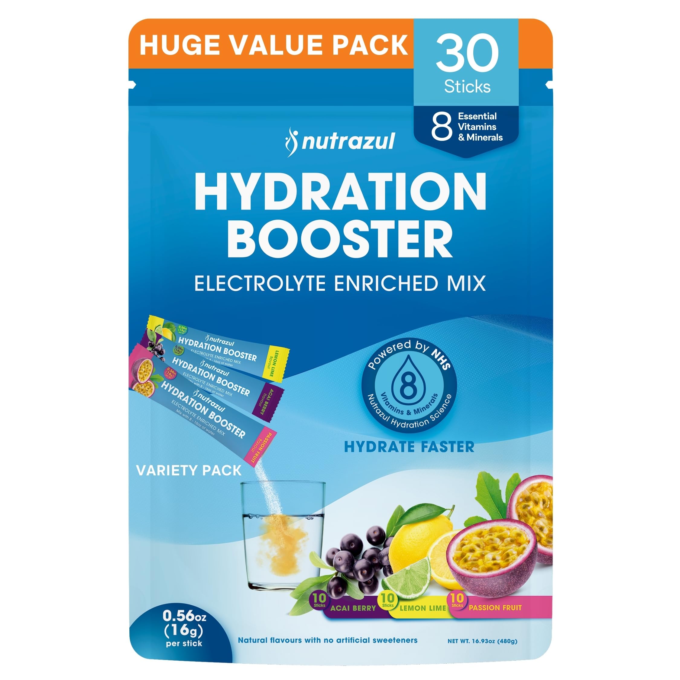 Nutrazul Hydration Booster acai berry stick dissolves quickly for on-the-go hydration.