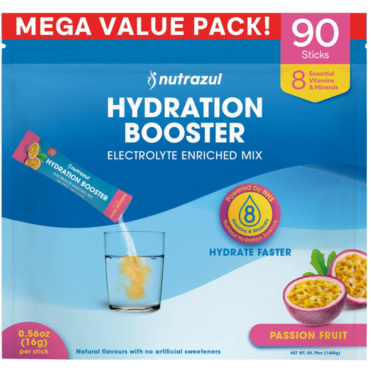 Nutrazul Hydration Booster passion-fruit packets for on-the-go hydration