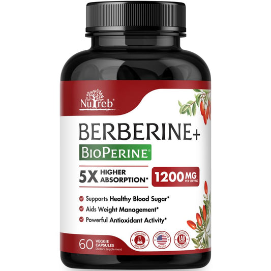 Nutreb Berberine 1200mg bottle shown for daily wellness use.