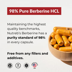 Nutreb Berberine capsules close-up highlights easy daily intake.