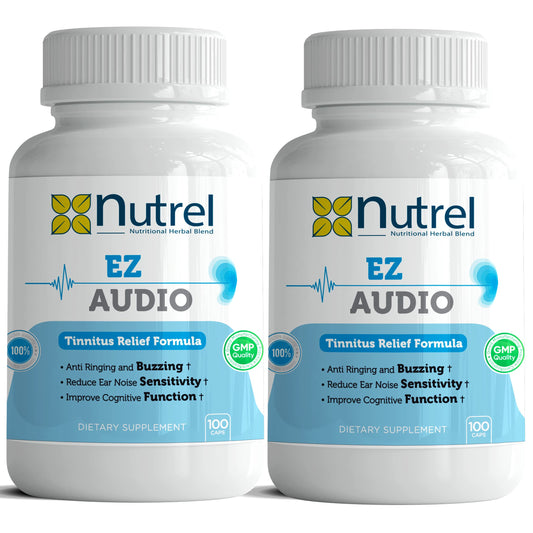 Nutrel Ez Audio bottle front view showing 100 capsules for tinnitus support