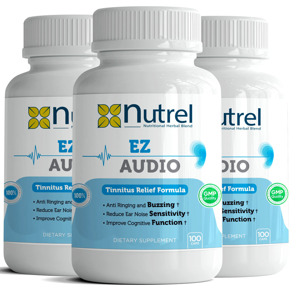 Nutrel Ez Audio capsules close-up highlighting natural formula for tinnitus relief