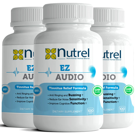 Nutrel Ez Audio capsules close-up highlighting natural formula for tinnitus relief