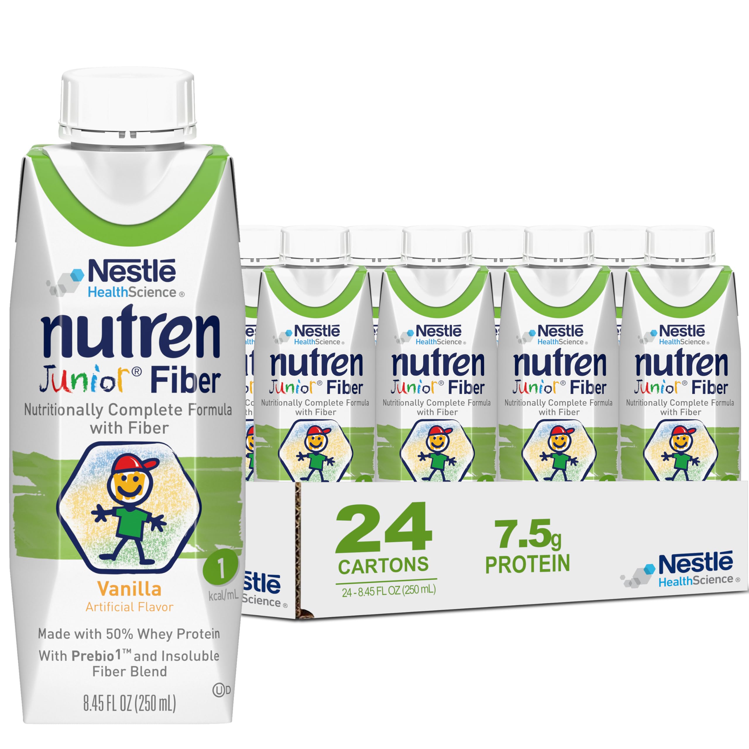 Nutren Junior Fiber Vanilla bottle front view highlighting vanilla flavor and kid-friendly nutrition.