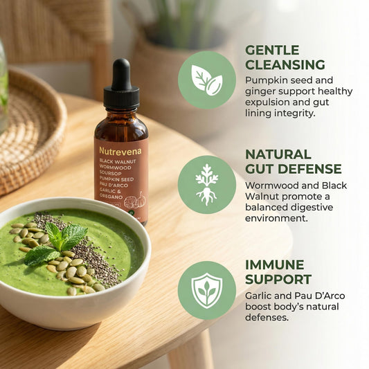 Nutrevena Gut Cleanse liquid drops prepared for easy daily use.