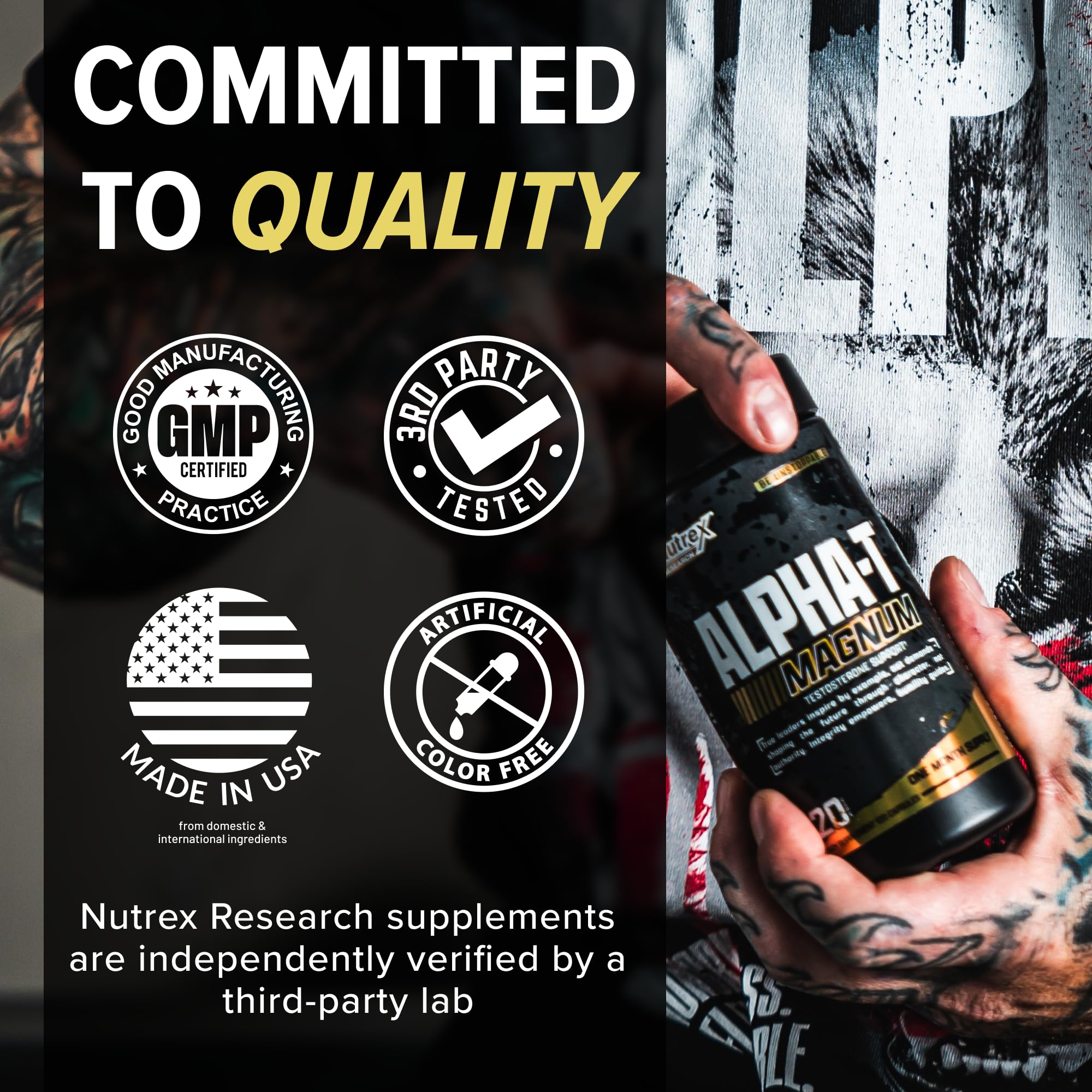 Hero-pose image of Nutrex Alpha-T Magnum conveying dedication and effort
