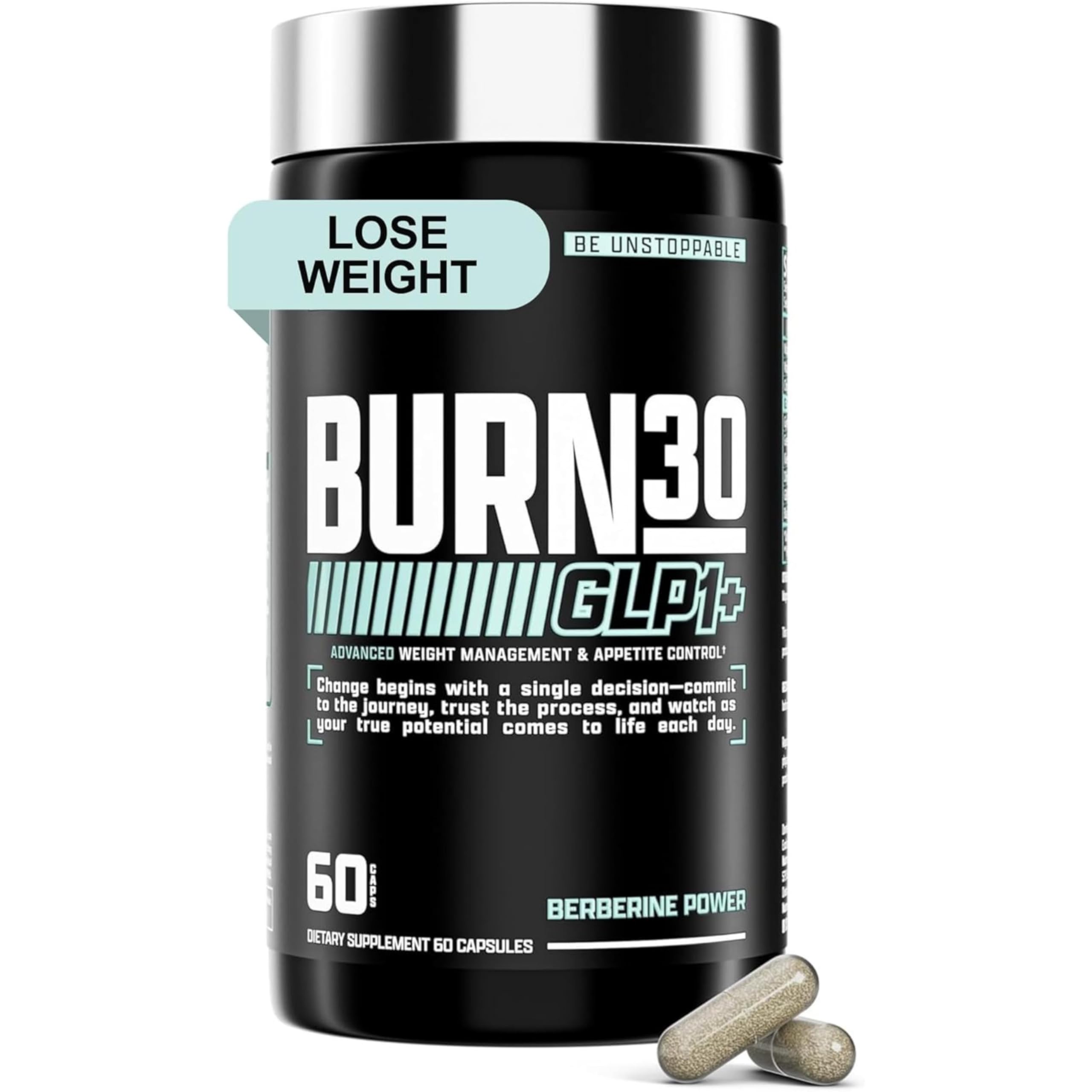Nutrex Burn30 bottle front showing GLP-1 support benefits for appetite balance