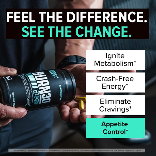Nutrex Burn30 bottle label highlights GLP-1 ingredients and appetite control