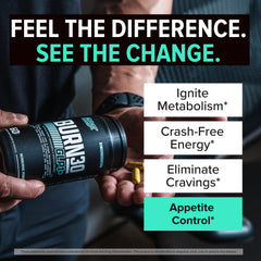Nutrex Burn30 bottle label highlights GLP-1 ingredients and appetite control