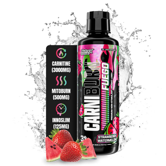 Nutrex Carniburn liquid bottle in strawberry watermelon flavor for metabolism support.