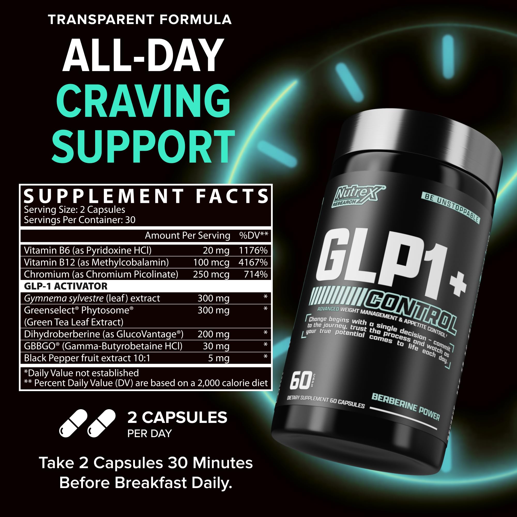Nutrex GLP-1 capsules before meals prepared for balanced nutrition.