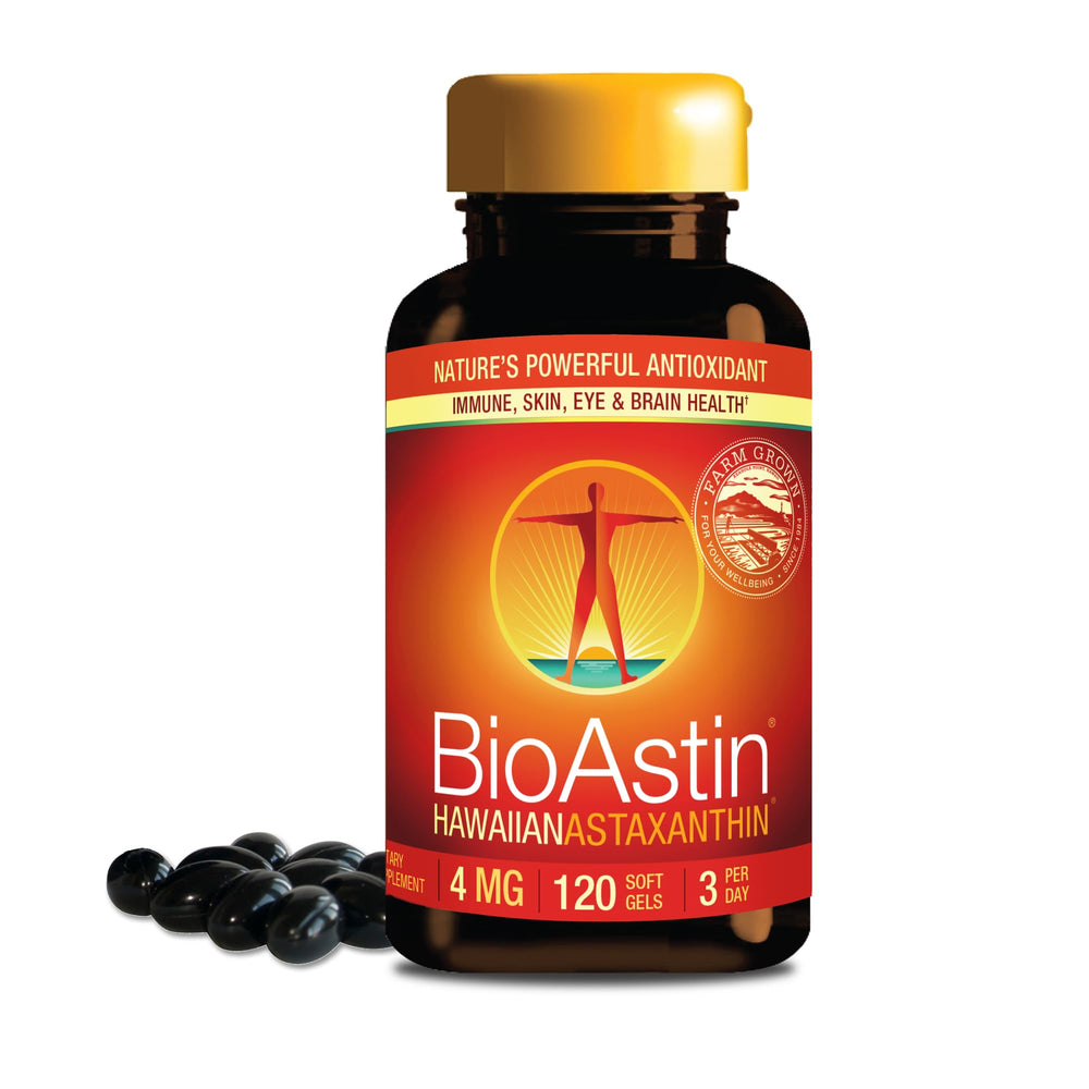 Nutrex Hawaii BioAstin bottle on table for daily antioxidant support.