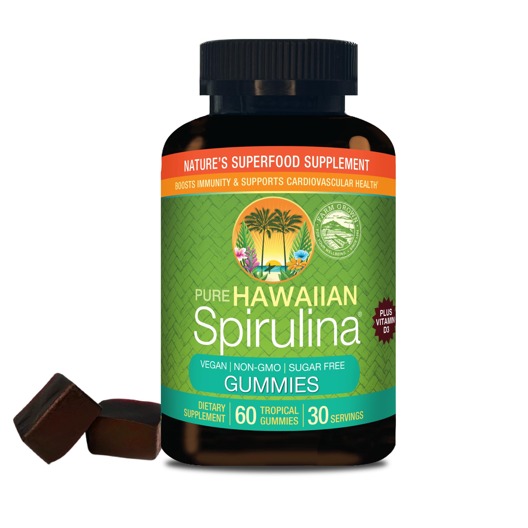Nutrex Hawaii Spirulina Gummies bottle shows a 60-count vegan, sugar-free wellness option.