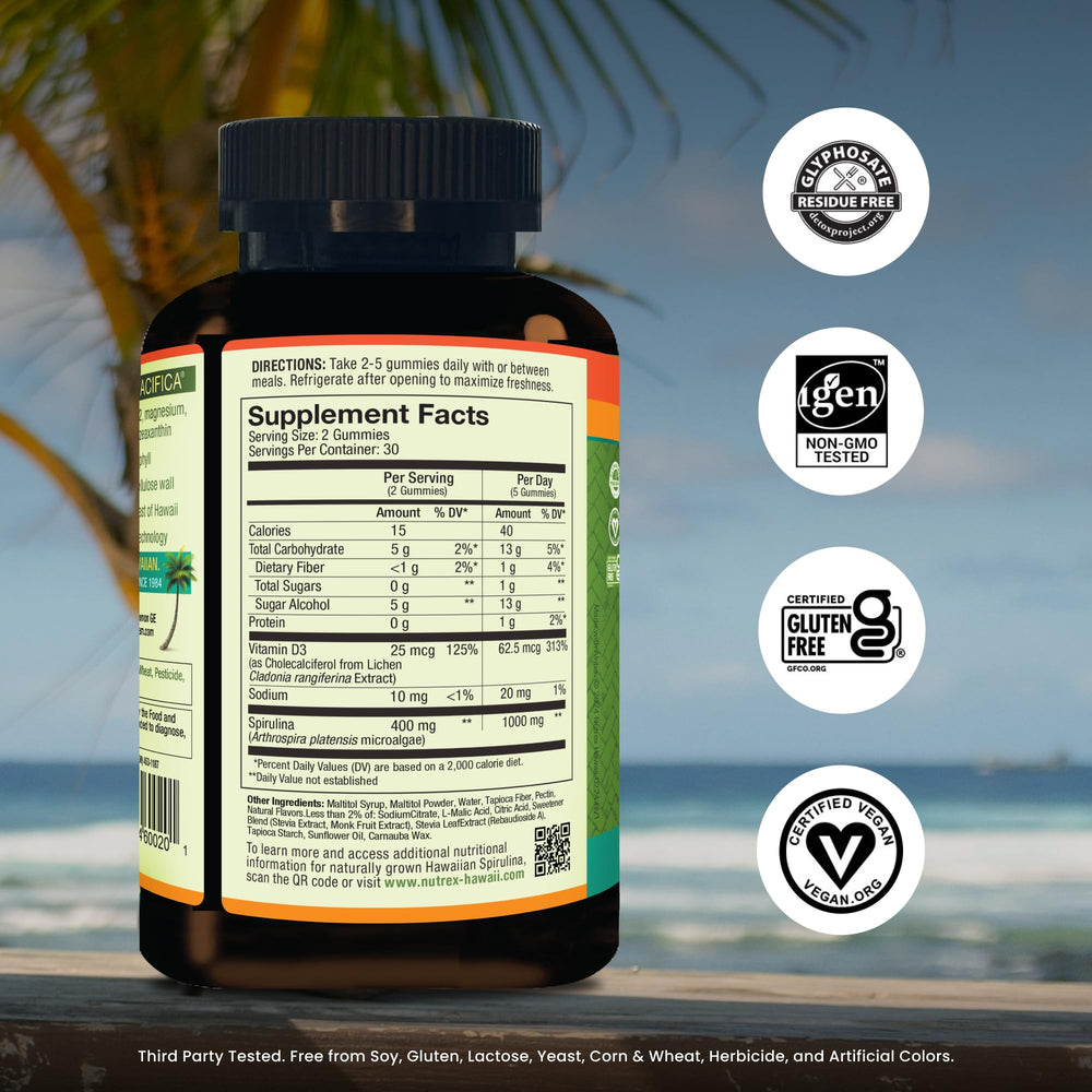 Nutrex Hawaii Spirulina Gummies close-up highlights natural Vitamin D3 inclusion for daily balance.