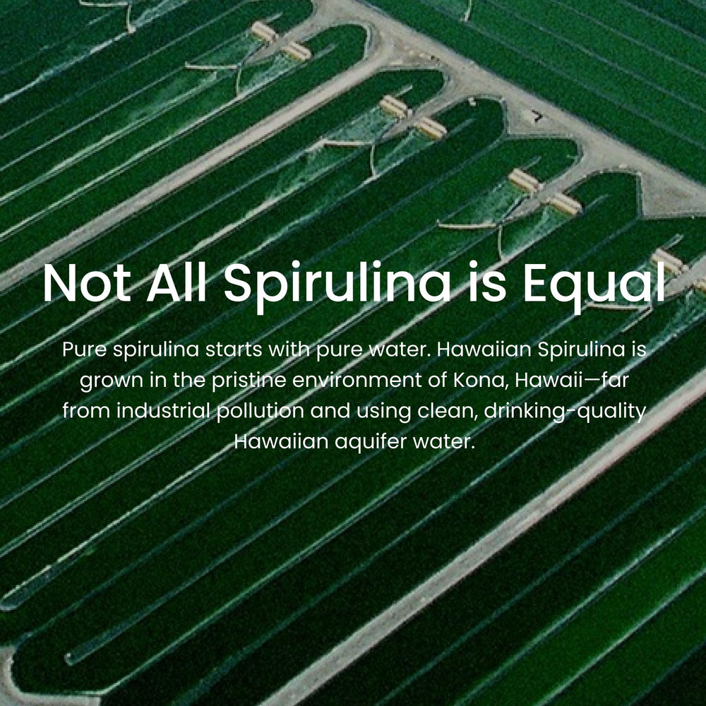 Nutrex Hawaii Spirulina Gummies Kona farm icon implies sustainable cultivation in Hawaii.