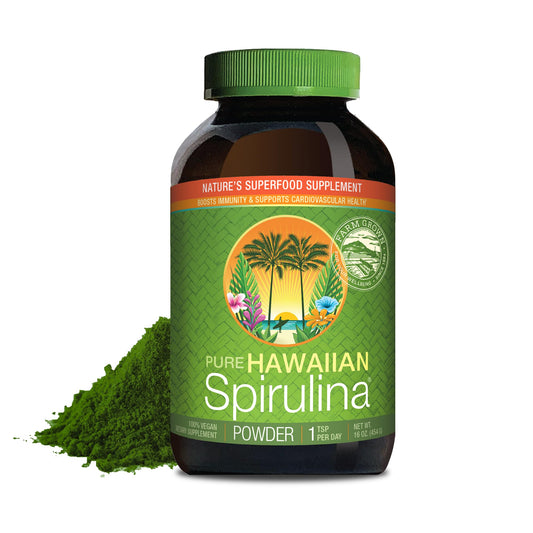 Nutrex Hawaii Pure Hawaiian Spirulina powder bottle ready for daily vegan protein boost.