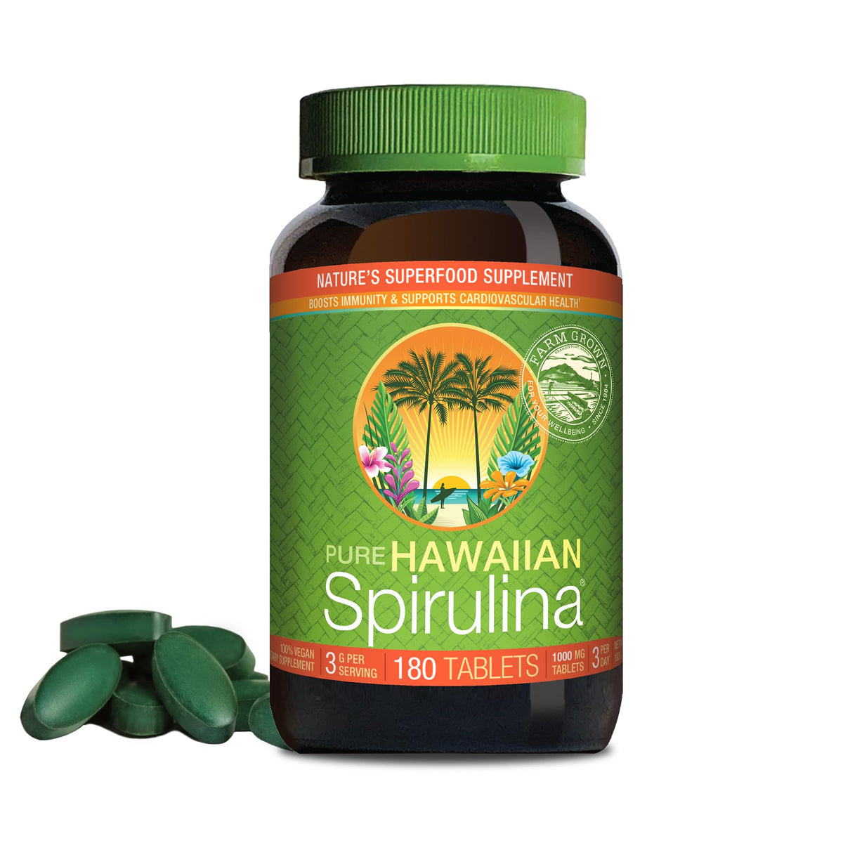 Nutrex Hawaii spirulina tablets bottle for daily vegan protein and energy.
