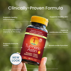 Packaging display of a doctor-formulated vegan turmeric and astaxanthin blend