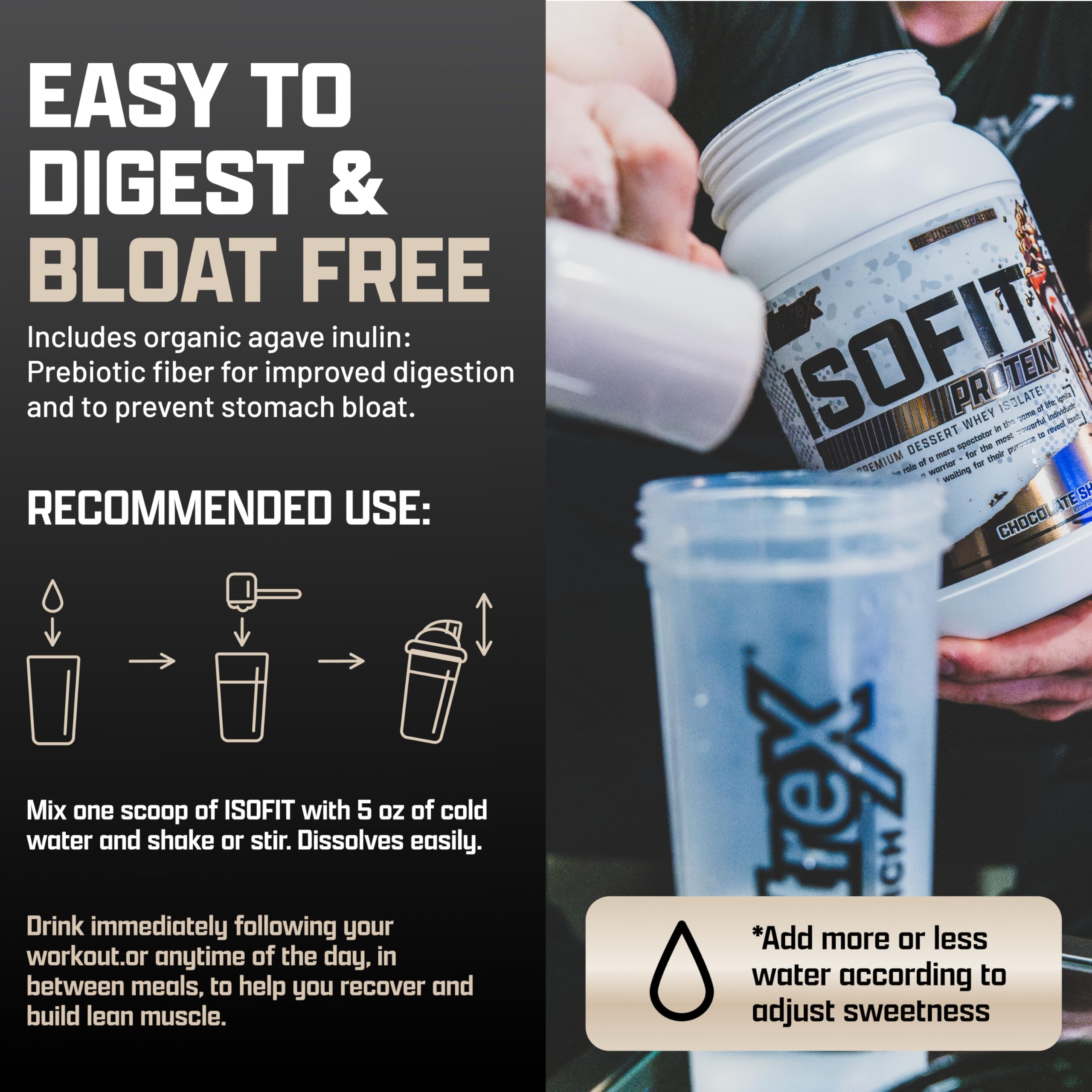 Nutrex IsoFit shake being poured demonstrates quick mixability into beverages.