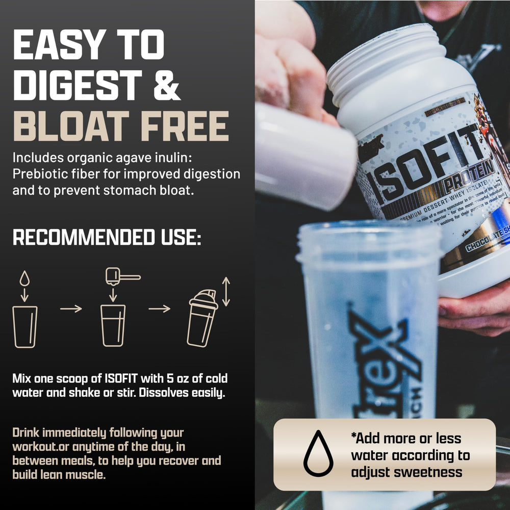 Nutrex IsoFit shake being poured demonstrates quick mixability into beverages.