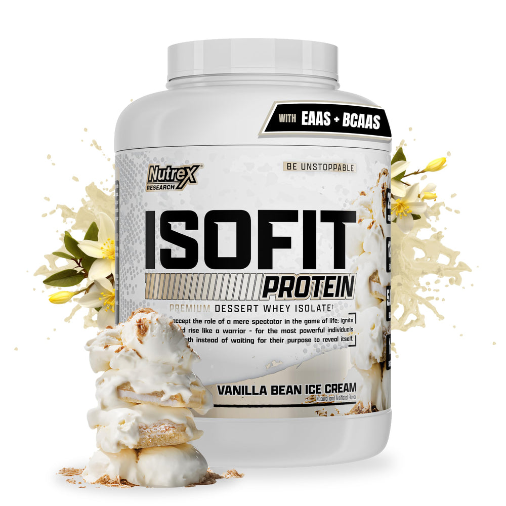 Nutrex IsoFit vanilla-bean-ice-cream scoop shows smooth texture for post-workout recovery.