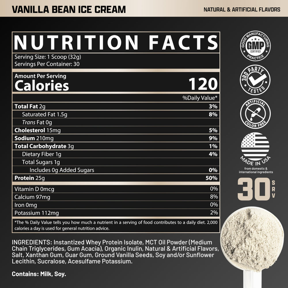 Nutrex IsoFit Vanilla label highlighting low sugar and high protein quality.
