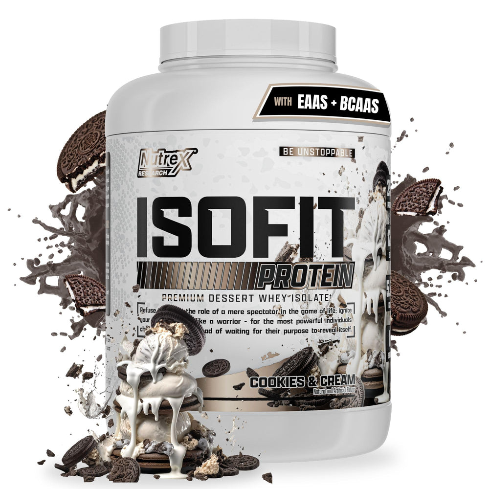 Nutrex IsoFit whey protein bottle highlights premium nutrition for lean muscle support.