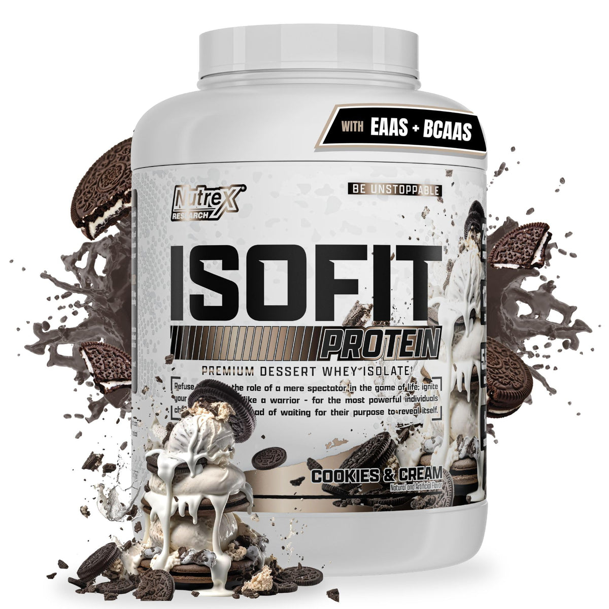 Nutrex IsoFit whey protein bottle highlights premium nutrition for lean muscle support.